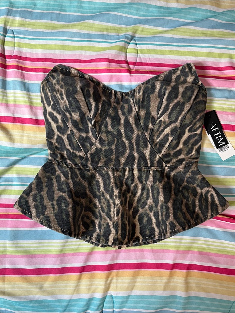 AFRM Brown and Black Leopard Print Strapless Peplum Top
